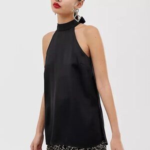 NWT Sexy Black River Island High Neck Halter Tie Neck Bow Swing Top 4 Valentines